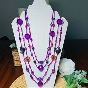 Violet Purple Glass and Acrylic Beaded 4 Strand Statement Necklace
